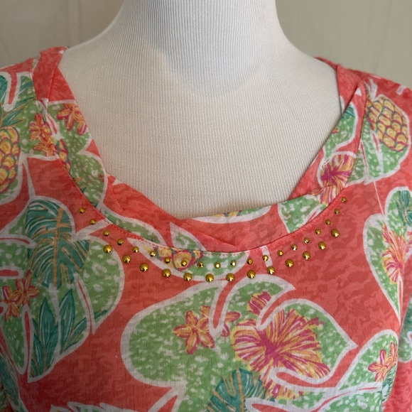 Hearts of Palm tropical print blouse embellished neck coral lime pineapple large - Picture 3 of 16